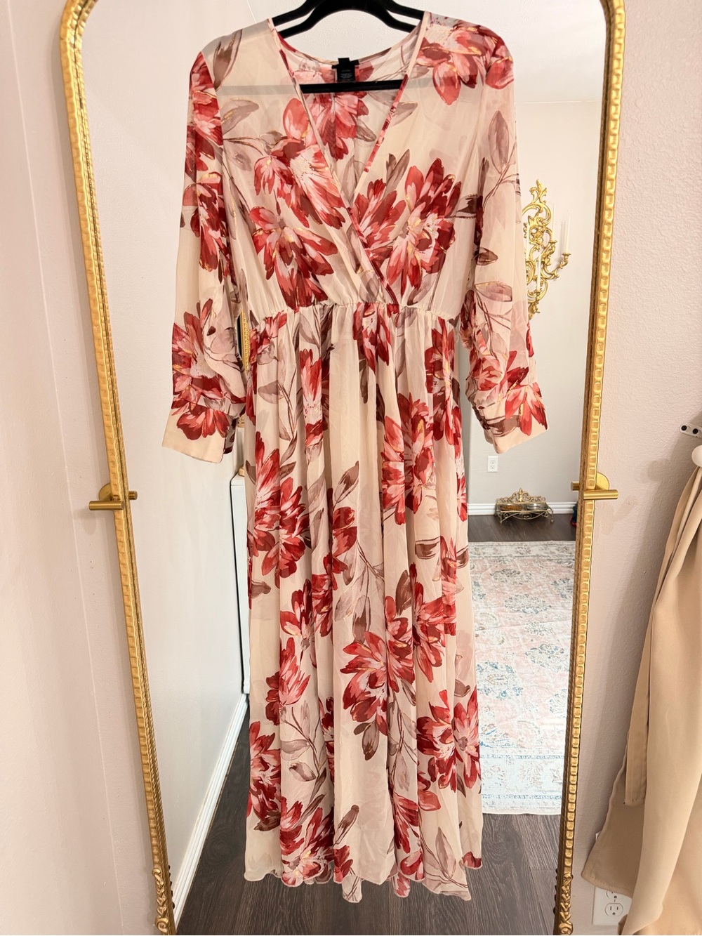 Cream Maxi Dress with Red Floral Print - Elegant Wrap Style